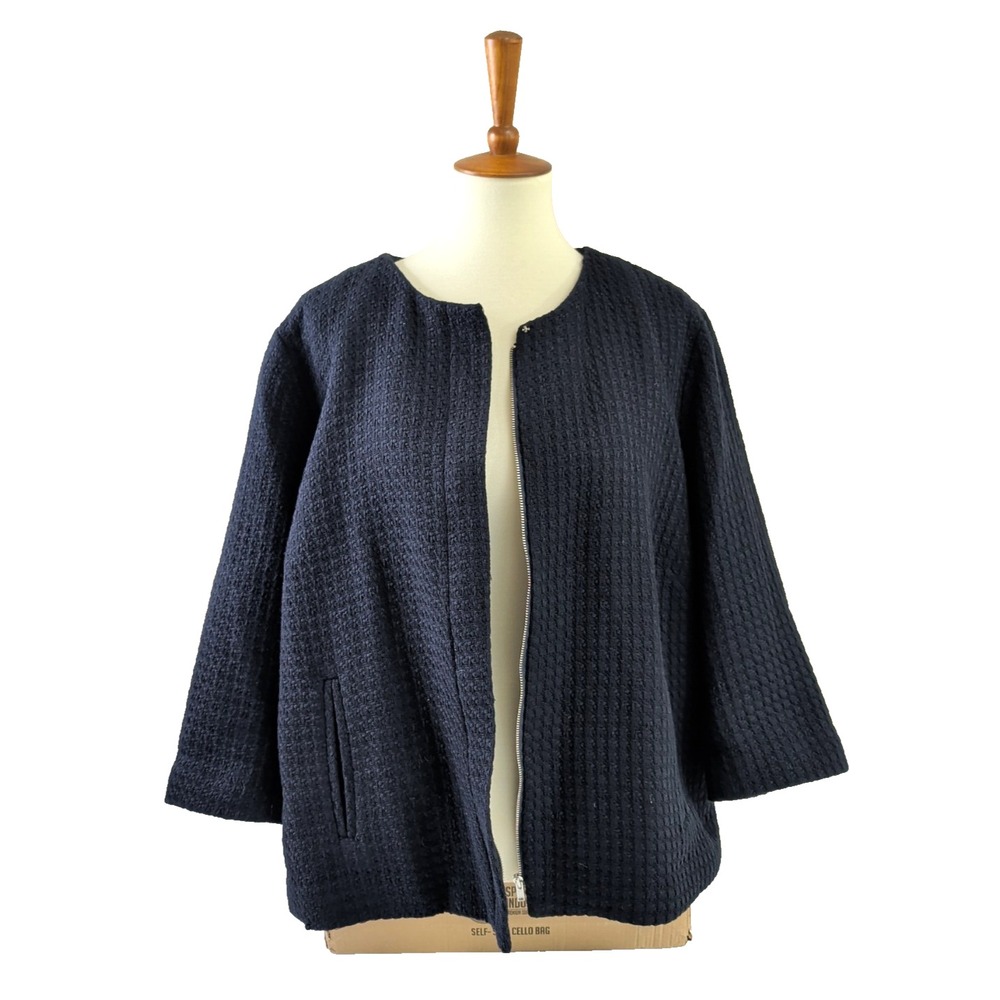 Talbots Jacket Womens 22 Petite Navy Blue Textured Full Zip Career Casual